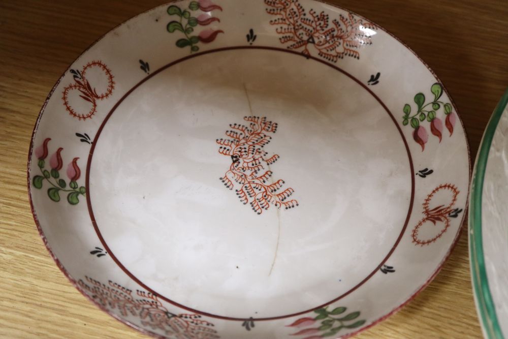 A 19th century German porcelain hot water jug, two Regency porcelain dishes a pair of Wilson pearlware dishes and a Wedgwood basket